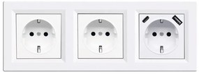 Priză Nova III cu două prize împământate cu conector USB și cadru alb