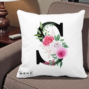 Cadou Personalizat - Perna Personalizata Monograma Florala Litera S, 40x40 cm, Alba Mata, Husa Detasabila, Perna Inclusa, BEKZ®