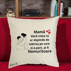 Cadou pentru Mama - Perna Personalizata Mama Nemuritoare Kawaii, 40x40 cm, Ecru, Husa Detasabila, Perna Inclusa, BEKZ®
