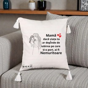 Cadou pentru Mama - Perna Personalizata Mama Nemuritoare cu Copilul in Poala, 40x40 cm, Bej cu Franjuri, Husa Detasabila, Perna Inclusa, BEKZ®