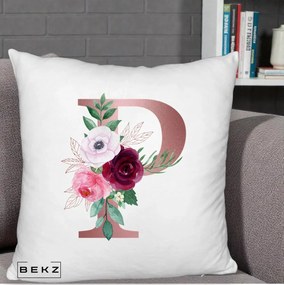 Cadou Personalizat - Perna Personalizata Monograma Rose Gold Litera P, 40x40 cm, Alb Pufos, Husa Detasabila, Perna Inclusa, BEKZ®