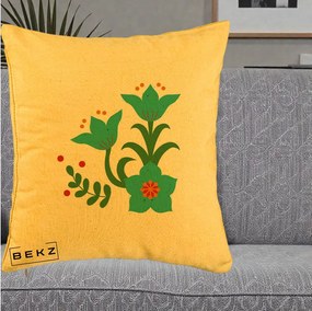 Perna Decorativa Flori Stilizate Folk Turcoaz, 40x40 cm, Galben, Husa Detasabila, Perna Inclusa, BEKZ®