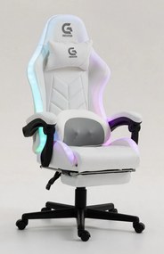 Scaun gaming, Masaj cu Role in perna lombara, Boxe bluetooth, sistem iluminare bandă LED RGB, suport picioare, Alb