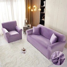 Set huse elastice din catifea pentru canapea 3 locuri + 2 fotolii, cu brate, lila, HCCJS-12