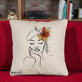 Perna Decorativa Portret Feminin Flori Palarie, 40x40 cm, Bej Canapea, Husa Detasabila, Perna Inclusa, BEKZ®