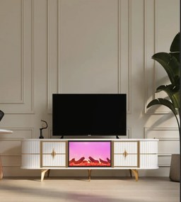 Comoda TV cu șemineu electric și riflaje, boxe Bluethooth, telecomandă, Alb/Auriu, 180x40x50cm