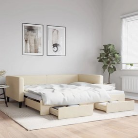 3196623 vidaXL Pat de zi cu extensie și sertare, crem, 100x200 cm, textil