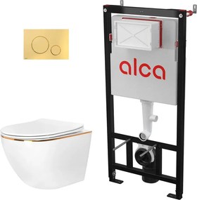 Pachet vas wc suspendat Rea Carlo, capac softclose, rama instalare Alcadrin si clapeta Thin auriu