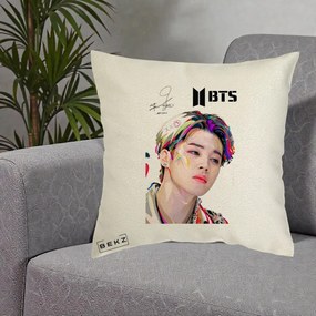 Perna Personalizata K-pop BTS Jimin Portret Artistic Multicolor cu Autograf, 40x40 cm, Ecru, Husa Detasabila, Perna Inclusa, BEKZ®