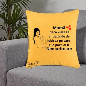 Cadou pentru Mama - Perna Personalizata Mama Nemuritoare Linie, 40x40 cm, Galben, Husa Detasabila, Perna Inclusa, BEKZ®