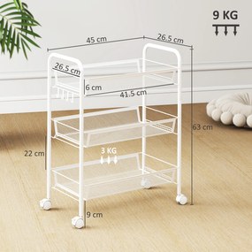 HOMCOM Cărucior cu 3 niveluri cu coșuri etajeră pe roți cărucior de depozitare mobil 45 x 26,5 x 63 cm alb | Aosom Romania