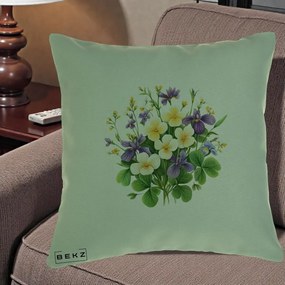Perna Decorativa Viorele Iris Violet si Trifoi, 40x40 cm, Verde, Husa Detasabila, Perna Inclusa, BEKZ®