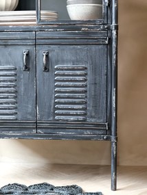 Dulap vitrină industrial din metal, negru, cu 2 uși vitrate, 2 uși cu jaluzele și 3 rafturi, finisaj antichizat, 140 x 60 x 38,5 cm, „Forge”
