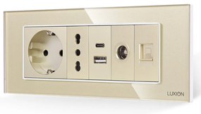 Priza Schuko + Ingusta + Dubla USB + TV + Internet cu Rama Din Sticla LUXION, Standard Italian, 6M