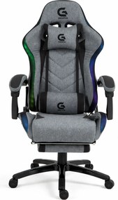 RESIGILAT- Scaun gaming, Masaj 7 puncte, Sistem iluminare banda LED RGB, Boxe Bluetooth, funcție șezlong, 90-155 grade, suport picioare, Textil, Gri/Negru