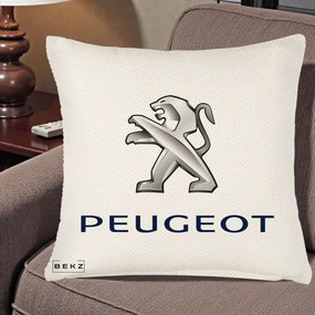 Perna Personalizata cu emblema Peugeot, 40x40 cm, Crem Reliefat, Husa Detasabila, Perna Inclusa, BEKZ®