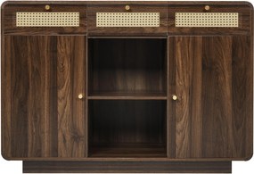 Comodă bufet, 3 sertare + 2 dulapuri cu raft central deschis și fețe din ratan, 120x40x85 cm, Maro