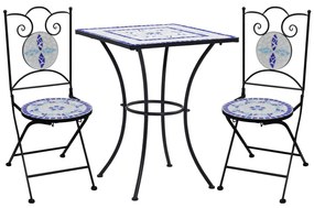 vidaXL Set de bistro mozaic, 3 piese, albastru &amp; alb, placă ceramică