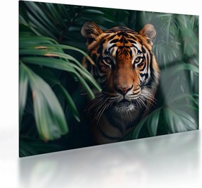 Tablou pe sticlă - Portretul unui tigru în junglă (70x50 cm)