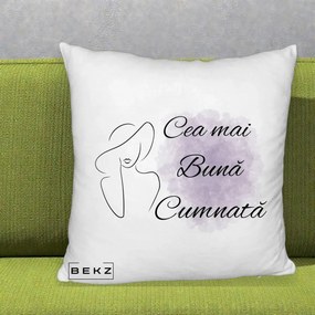 Cadou pentru Cumnata - Perna Personalizata Cea mai Buna Cumnata cu Silueta Dama si Pete Violet, 40x40 cm, Alb Pufos, Husa Detasabila, Perna Inclusa, BEKZ®