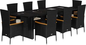 vidaXL Set mobilier de grădină cu perne, 9 piese, negru, poliratan