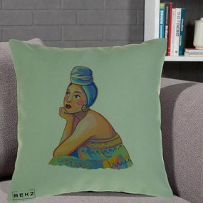 Perna Decorativa Portret Femeie Contemplativa, 40x40 cm, Verde, Husa Detasabila, Perna Inclusa, BEKZ®