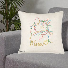 Perna Personalizata Pisica Meow Arta Linie Colorata, 40x40 cm, Crem Reliefat, Husa Detasabila, Perna Inclusa, BEKZ®
