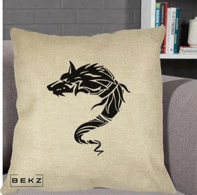 Perna Decorativa Lup Tribal Alb-Negru, 40x40 cm, Crem, Husa Detasabila, Perna Inclusa, BEKZ®