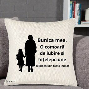 Cadou pentru Bunica - Perna Personalizata Bunica Mea Comoara Iubire Intelepciune Silueta, 40x40 cm, Crem Reliefat, Husa Detasabila, Perna Inclusa, BEKZ®