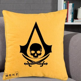 Perna Personalizata Assassin's Creed Black Flag Skull, 40x40 cm, Galben, Husa Detasabila, Perna Inclusa, BEKZ®