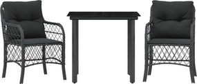 vidaXL Set bistro cu perne, 3 piese, negru, poliratan