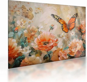 Tablou pe sticlă - Fluture și flori, pictură în ulei (70x50 cm)
