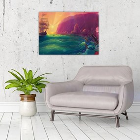 Tablou pe sticlă - Pictură în ulei, călătorie într-un țărăm fantastic (70x50 cm)