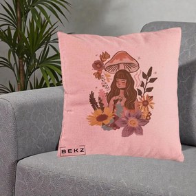 Perna Decorativa Fata Ciuperca Boho Florala, 40x40 cm, Roz, Husa Detasabila, Perna Inclusa, BEKZ®