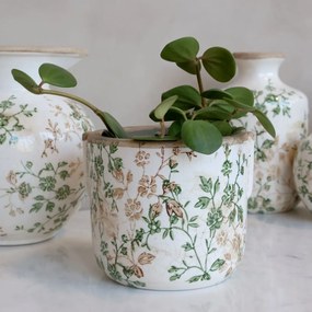 Ghiveci decorativ alb din ceramică antichizată, pictat manual, cu decor floral-vegetal, 13,5x15,5 cm, „Grasse"