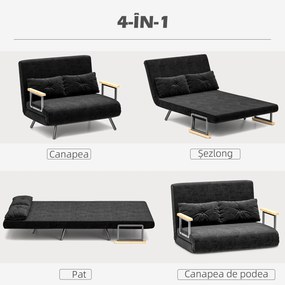 HOMCOM Canapea Pat de 2 Locuri cu Spătar Reglabil pe 5 Nivele și 2 Perne din Material Capitonat, 102x73x81 cm, Negru | Aosom Romania