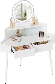 Masuta machiaj cu Oglinda LED si 2 Sertare pentru Cosmetice, Set Masa toaleta 90 cm, Alb, masuta cosmetica, vanity - SEA493