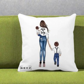 Cadou pentru Mama - Perna Personalizata Mom of Boys Mama cu Baietii, 40x40 cm, Alba Mata, Husa Detasabila, Perna Inclusa, BEKZ®