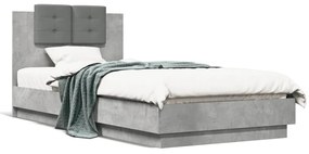 3210034 vidaXL Cadru de pat cu tăblie și lumini LED, gri beton, 90x200 cm