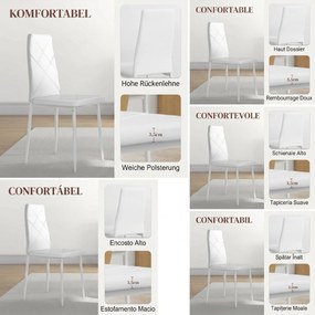 HOMCOM Set 6 Scaune de Sufragerie Tapițate cu Spătar Înalt, Tălpi Antiderapante și Picioare din Oțel, 41x50x97 cm, Alb | Aosom Romania