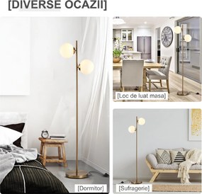 HOMCOM Lampă de Podea cu 2 Lumini și Abajururi Sferice, Lampă de Podea cu Comutator de Picior, Soclu E27, 39x28x165 cm, Aur | Aosom Romania