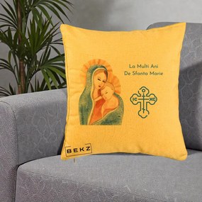 Cadou de Onomastica - Perna Personalizata Sfanta Marie Icoana Acuarela, 40x40 cm, Galben, Husa Detasabila, Perna Inclusa, BEKZ®