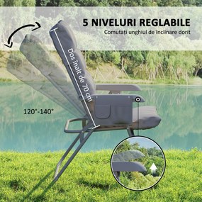 Outsunny Scaun de Camping Pliabil cu Spătar Înalt Reglabil în 5 Poziții și Buzunare Laterale, 66x58x105 cm, Gri Deschis | Aosom Romania