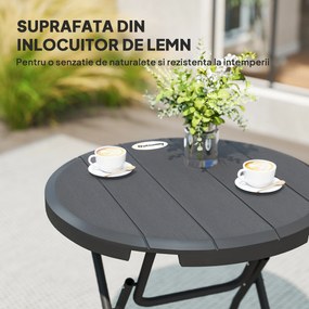 Outsunny Masă de Grădină, rotundă, pliabilă, pentru 4 persoane, efect lemn, oțel+plastic, gri închis, 80 x 80 x 73 cm | Aosom Romania