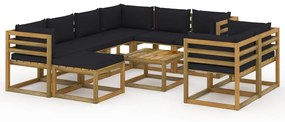 Set mobilier de gradina cu perne negre, 10 piese Negru, 5x colt + 3x mijloc + suport pentru picioare + masa, 1