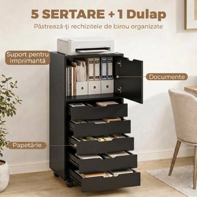 HOMCOM Fișet de Birou cu 5 Sertare și Roți, Negru | Aosom Romania