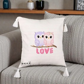 Perna Decorativa Love Bufnite Indragostite pe Crenguta Roz si Mov, 40x40 cm, Bej cu Franjuri, Husa Detasabila, Perna Inclusa, BEKZ®