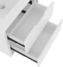 Dulap de baie suspendat pe perete cu iluminare LED cu senzor radar, două sertare și chiuvetă integrată din ceramică, 60x46x50 cm, Alb