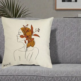 Perna Decorativa Portret Feminin Crin Ruginiu Auriu, 40x40 cm, Ecru, Husa Detasabila, Perna Inclusa, BEKZ®