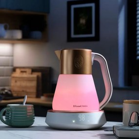 Russell Hobbs Calm Kettle 27450-70, 2400W, 1,7 l, 40-100°C, Fierbere silențioasă, butoane tactile, alerte sonore, 6 culori schimbătoare, Protect, fără BPA și PFAS, alb/dorat
